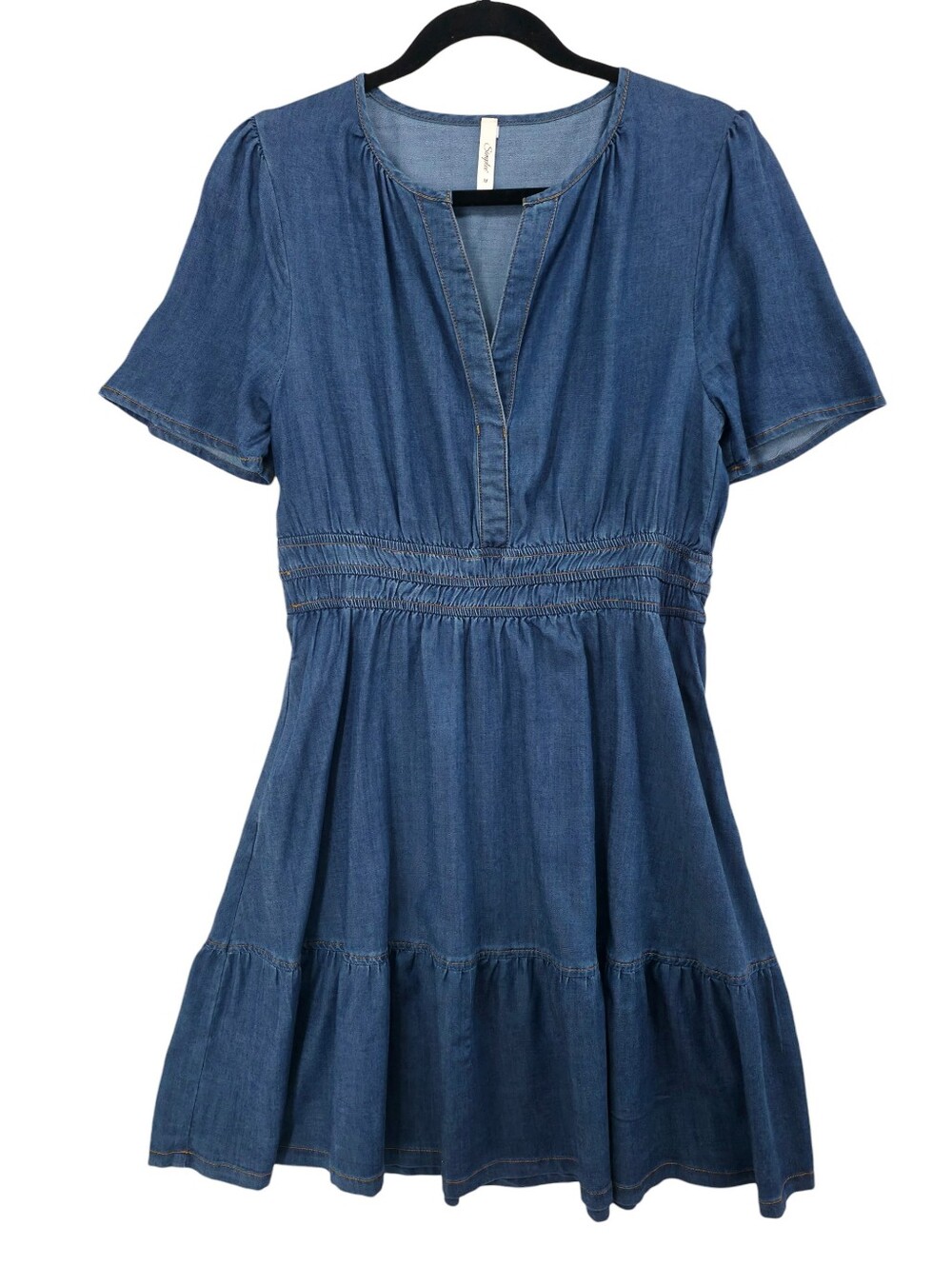 Simplee Blue Lyocell Blend Mini Dress M Tiered Pockets Boho Prairie - Picture 3 of 15